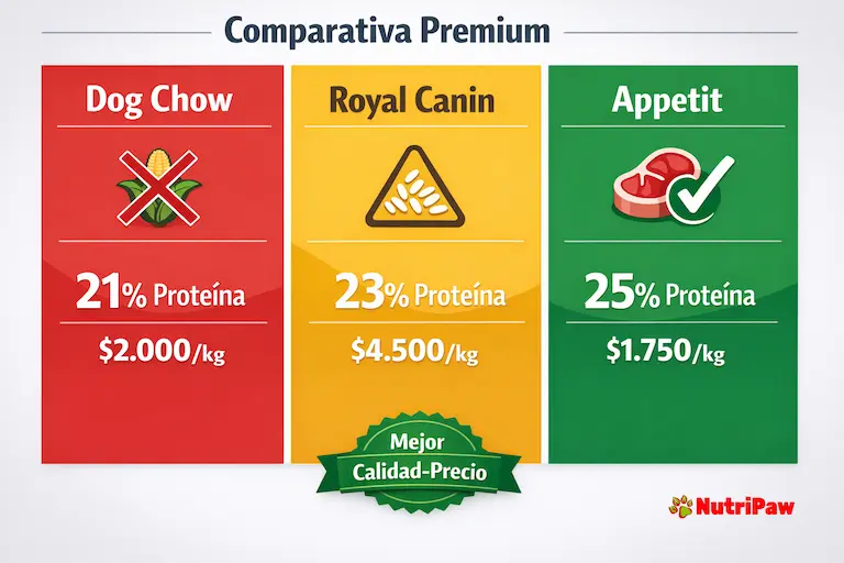 Infografía comparativa de 3 alimentos premium para perros medianos en Chile - Dog Chow - Royal Canin y Appetit. Análisis de ingredientes proteína y precio por kg